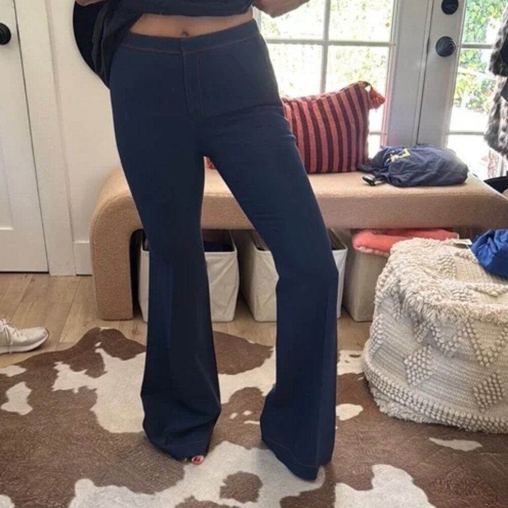 Burberry Navy Red Contrast Stitch Flared Mid Rise Trousers 4